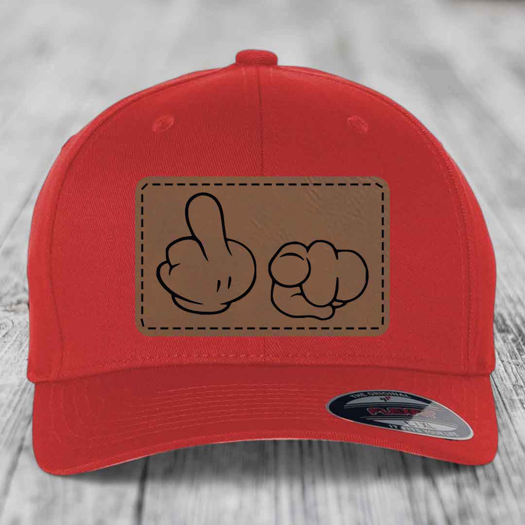 Cartoon Hands F*ck You - Leather Patch Hat - Dark Brown to Black Patch - Flexfit 6277 Fitted Hat