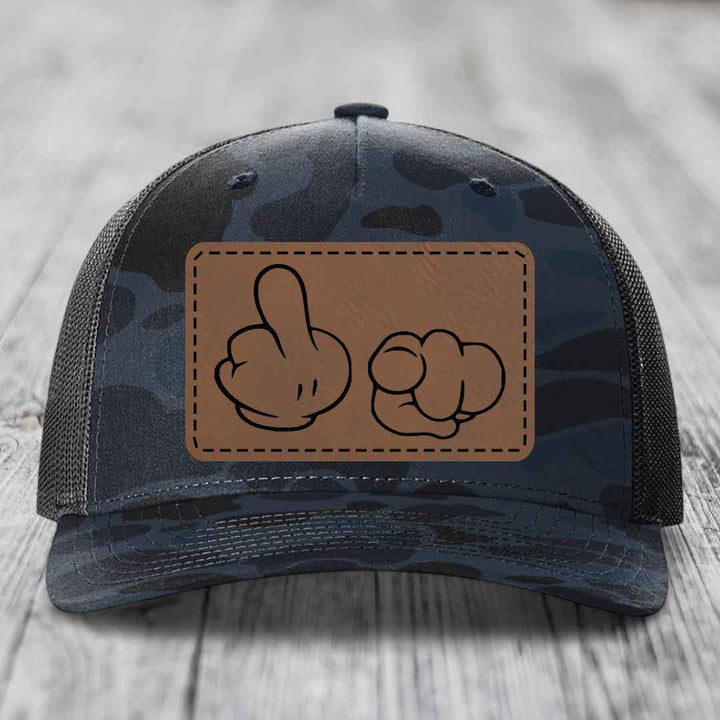 Cartoon Hands F*ck You - Leather Patch Hat - Dark Brown to Black Patch - Richardson 112PFP Snapback Trucker Hat