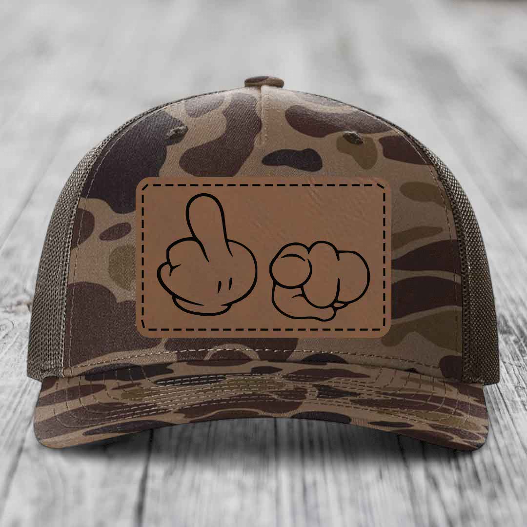 Cartoon Hands F*ck You - Leather Patch Hat - Dark Brown to Black Patch - Richardson 112PFP Snapback Trucker Hat