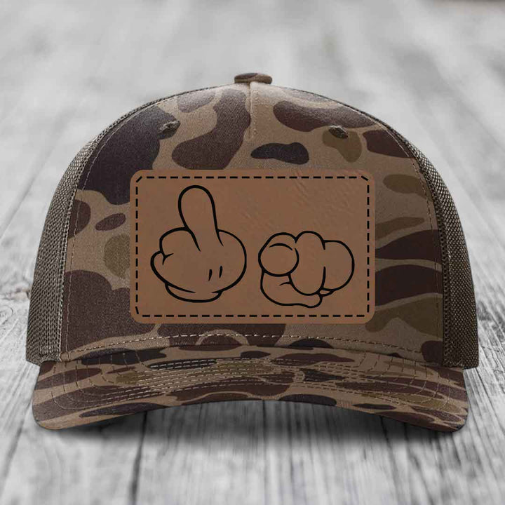 Cartoon Hands F*ck You - Leather Patch Hat - Dark Brown to Black Patch - Richardson 112PFP Snapback Trucker Hat