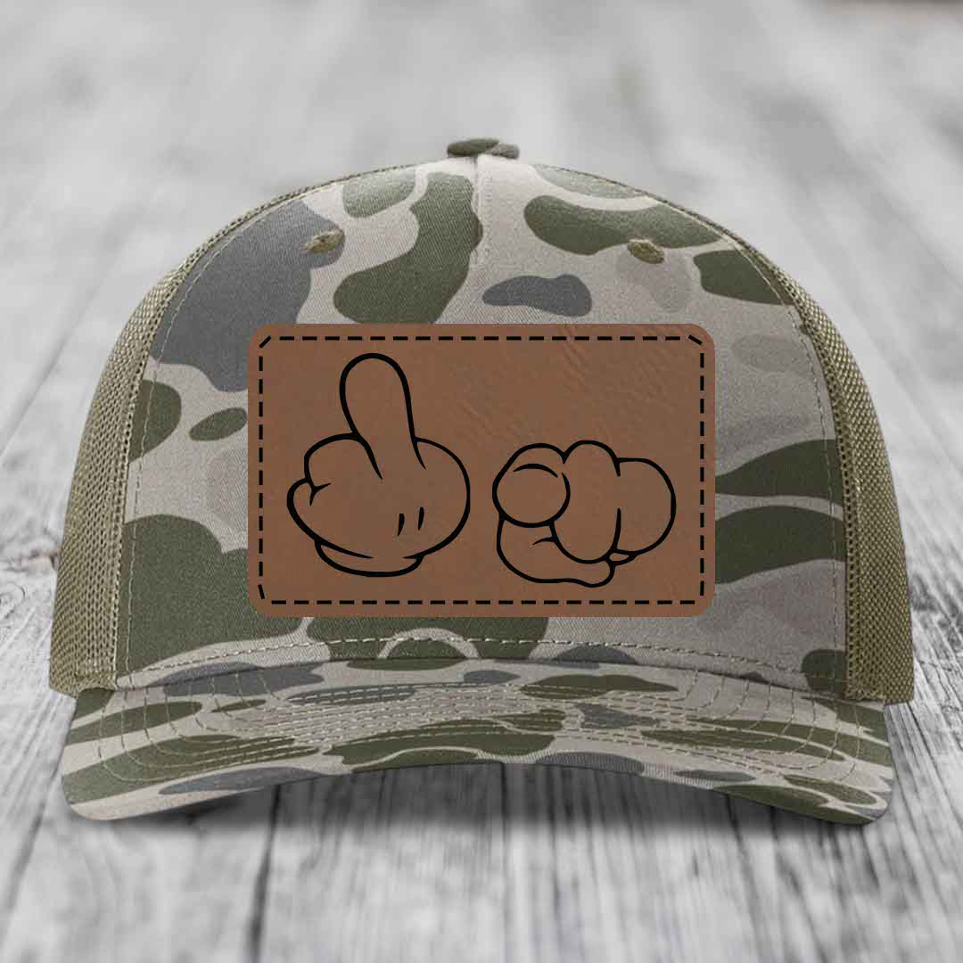 Cartoon Hands F*ck You - Leather Patch Hat - Dark Brown to Black Patch - Richardson 112PFP Snapback Trucker Hat