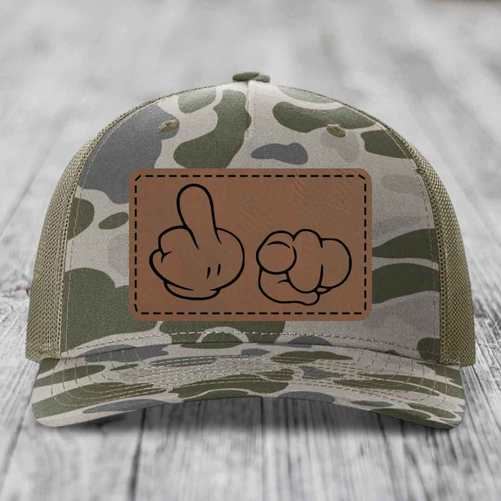 Cartoon Hands F*ck You - Leather Patch Hat - Dark Brown to Black Patch - Richardson 112PFP Snapback Trucker Hat