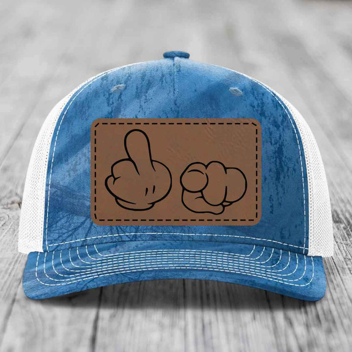 Cartoon Hands F*ck You - Leather Patch Hat - Dark Brown to Black Patch - Richardson 112PFP Snapback Trucker Hat