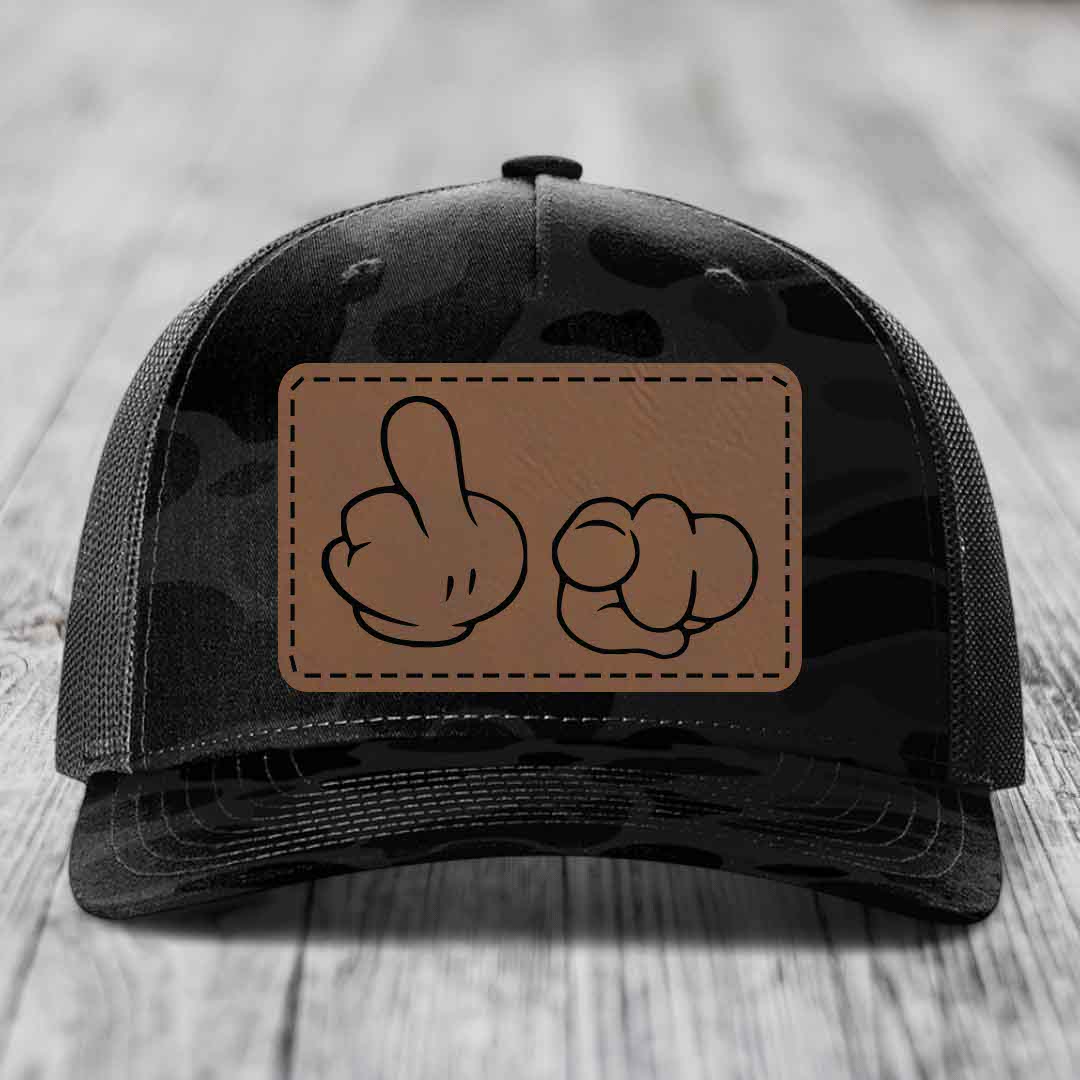 Cartoon Hands F*ck You - Leather Patch Hat - Dark Brown to Black Patch - Richardson 112PFP Snapback Trucker Hat