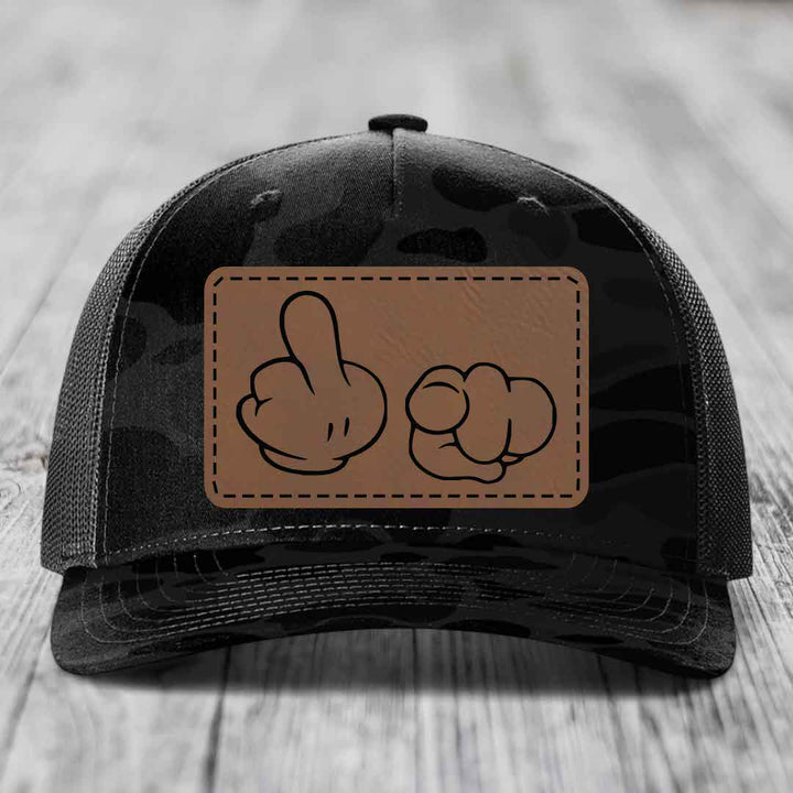 Cartoon Hands F*ck You - Leather Patch Hat - Dark Brown to Black Patch - Richardson 112PFP Snapback Trucker Hat