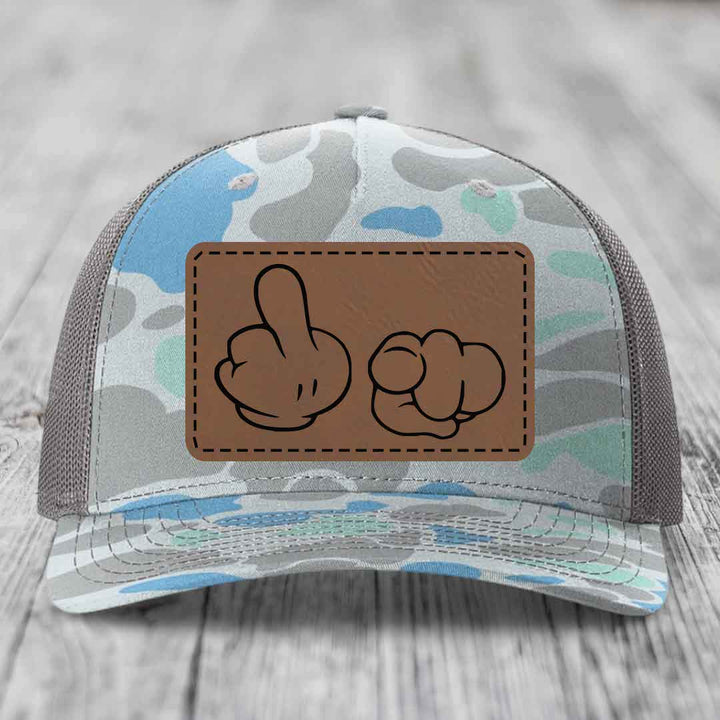 Cartoon Hands F*ck You - Leather Patch Hat - Dark Brown to Black Patch - Richardson 112PFP Snapback Trucker Hat