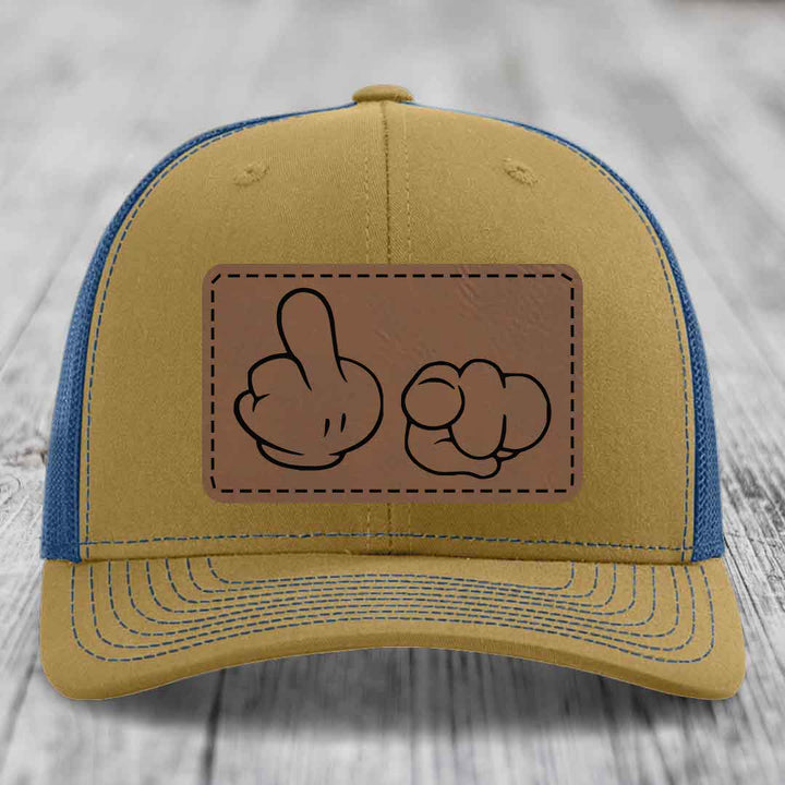 Cartoon Hands F*ck You - Leather Patch Hat - Dark Brown to Black Patch - Richardson 112 Snapback Trucker Hat
