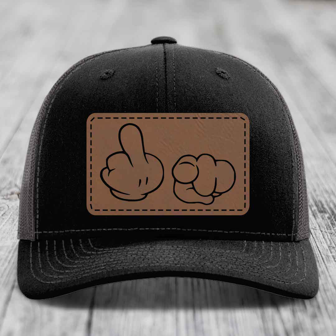Cartoon Hands F*ck You - Leather Patch Hat - Dark Brown to Black Patch - Richardson 112 Snapback Trucker Hat