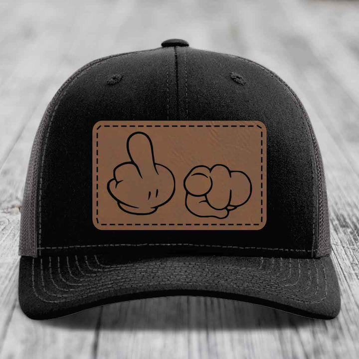 Cartoon Hands F*ck You - Leather Patch Hat - Dark Brown to Black Patch - Richardson 112 Snapback Trucker Hat