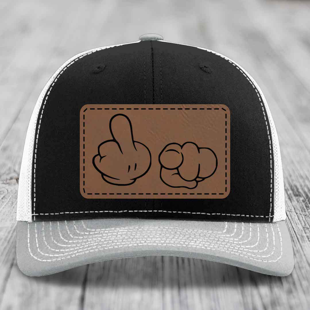 Cartoon Hands F*ck You - Leather Patch Hat - Dark Brown to Black Patch - Richardson 112 Snapback Trucker Hat