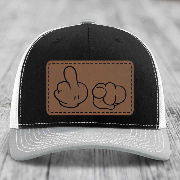 Cartoon Hands F*ck You - Leather Patch Hat - Dark Brown to Black Patch - Richardson 112 Snapback Trucker Hat