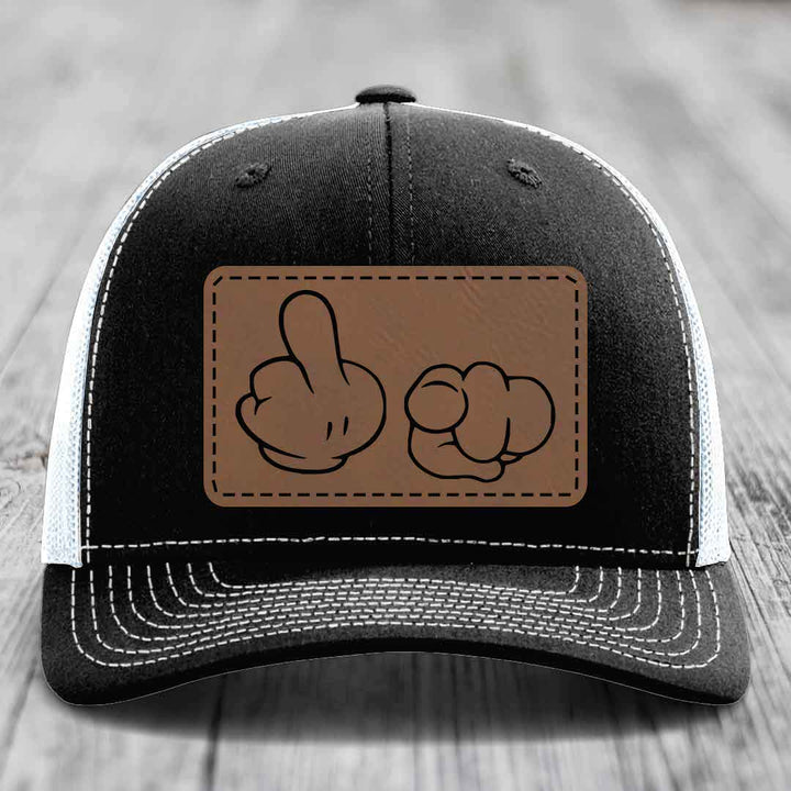 Cartoon Hands F*ck You - Leather Patch Hat - Dark Brown to Black Patch - Richardson 112 Snapback Trucker Hat