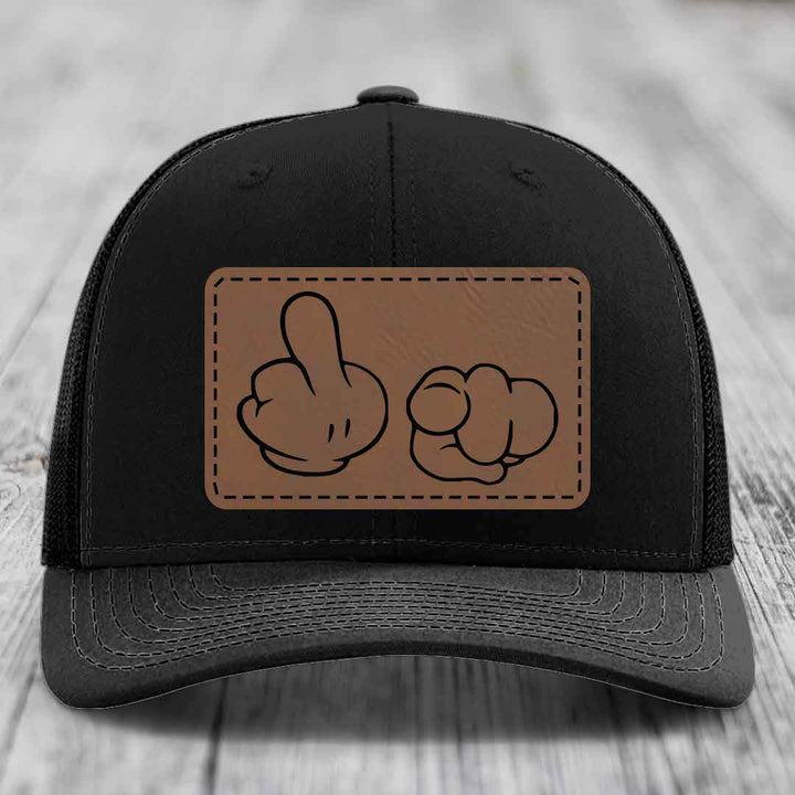 Cartoon Hands F*ck You - Leather Patch Hat - Dark Brown to Black Patch - Richardson 112 Snapback Trucker Hat