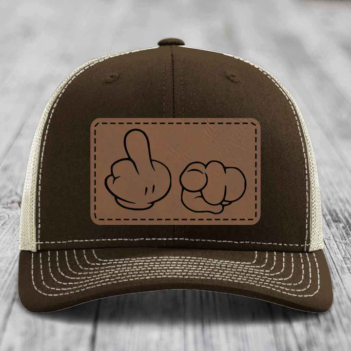 Cartoon Hands F*ck You - Leather Patch Hat - Dark Brown to Black Patch - Richardson 112 Snapback Trucker Hat