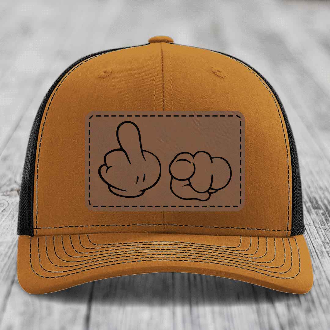 Cartoon Hands F*ck You - Leather Patch Hat - Dark Brown to Black Patch - Richardson 112 Snapback Trucker Hat