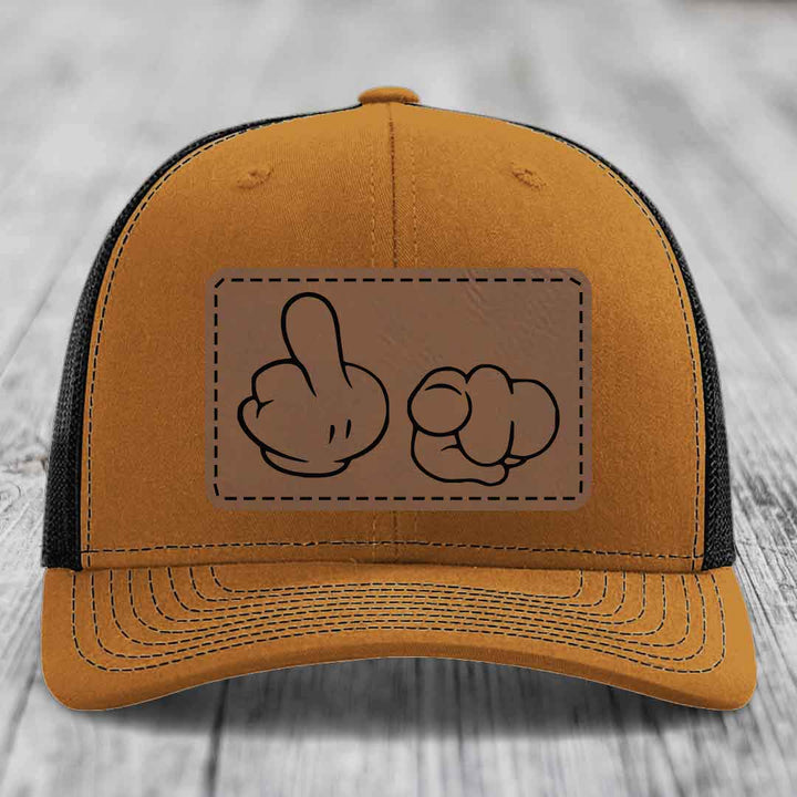 Cartoon Hands F*ck You - Leather Patch Hat - Dark Brown to Black Patch - Richardson 112 Snapback Trucker Hat