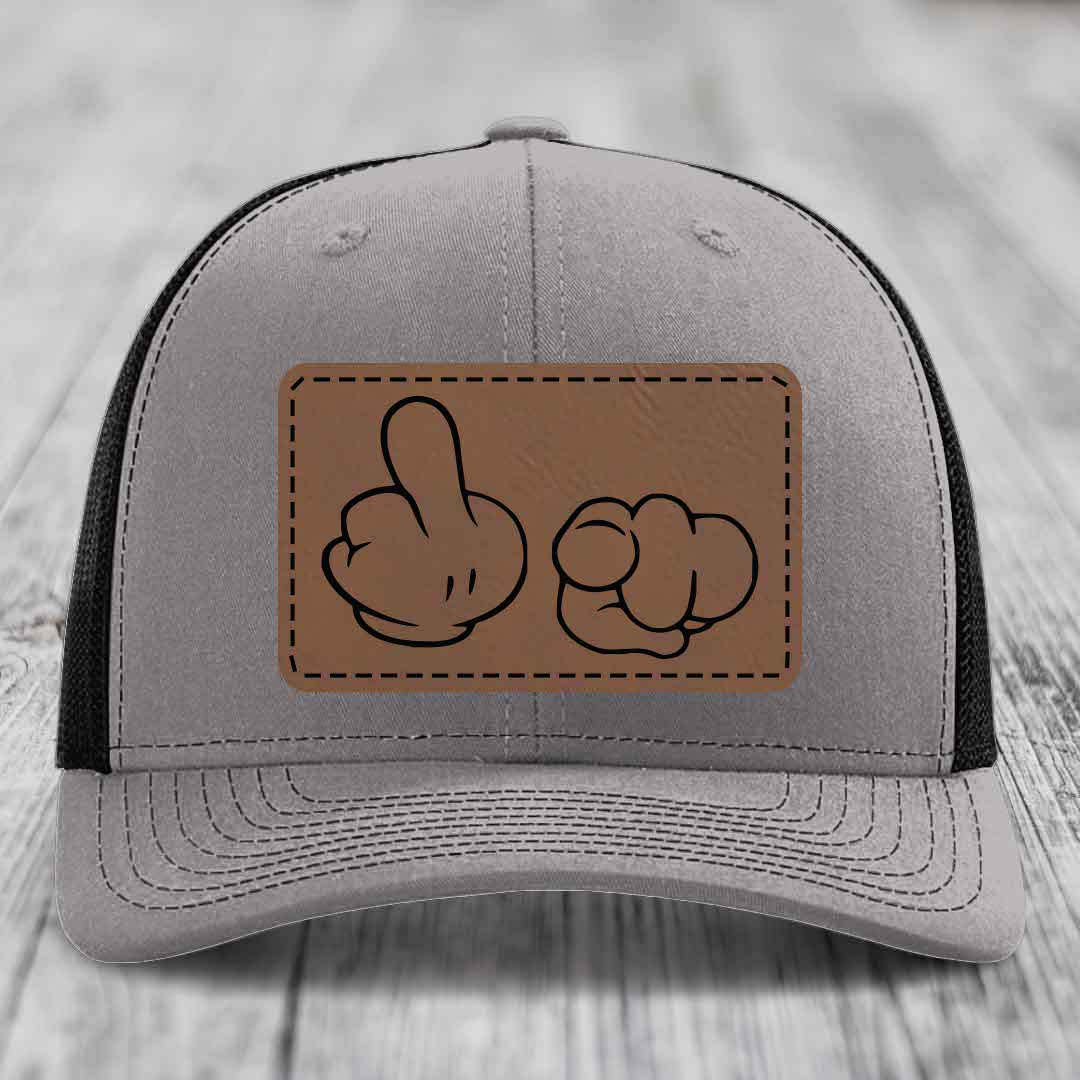 Cartoon Hands F*ck You - Leather Patch Hat - Dark Brown to Black Patch - Richardson 112 Snapback Trucker Hat