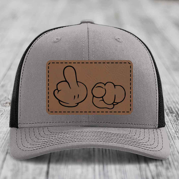 Cartoon Hands F*ck You - Leather Patch Hat - Dark Brown to Black Patch - Richardson 112 Snapback Trucker Hat