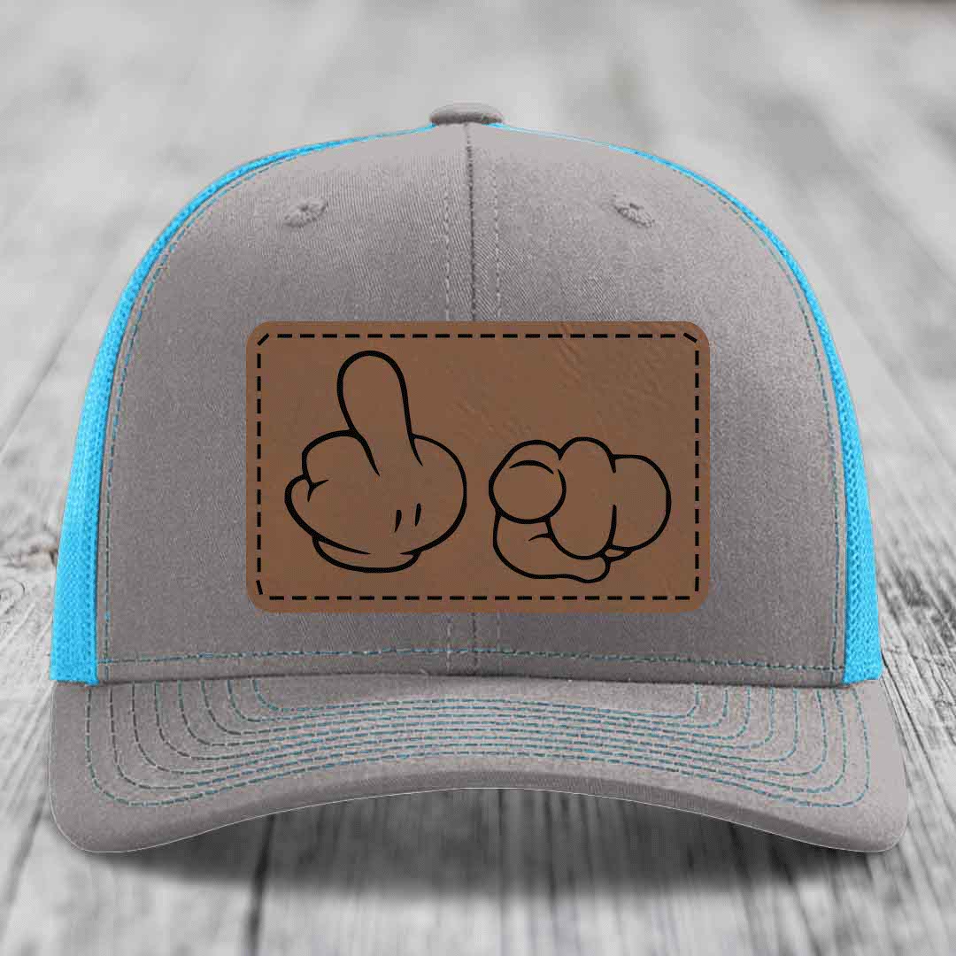 Cartoon Hands F*ck You - Leather Patch Hat - Dark Brown to Black Patch - Richardson 112 Snapback Trucker Hat