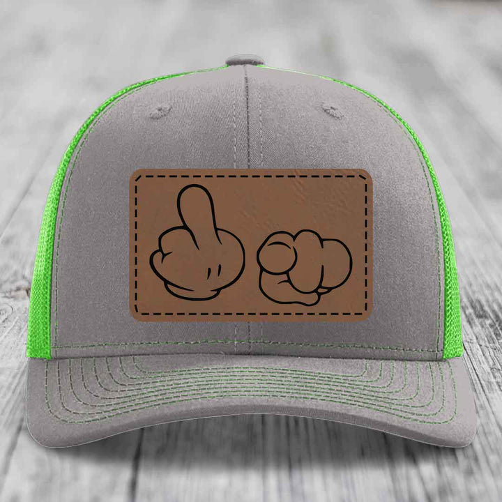Cartoon Hands F*ck You - Leather Patch Hat - Dark Brown to Black Patch - Richardson 112 Snapback Trucker Hat