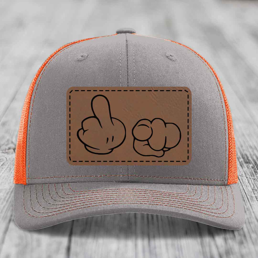 Cartoon Hands F*ck You - Leather Patch Hat - Dark Brown to Black Patch - Richardson 112 Snapback Trucker Hat