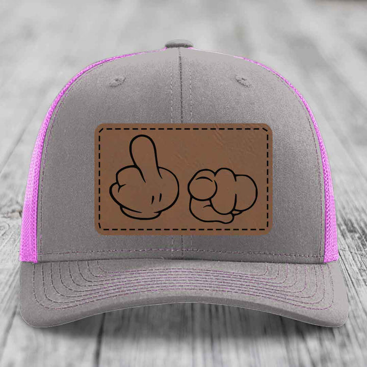 Cartoon Hands F*ck You - Leather Patch Hat - Dark Brown to Black Patch - Richardson 112 Snapback Trucker Hat