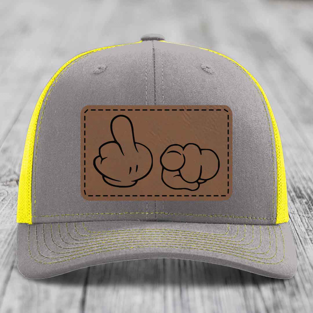 Cartoon Hands F*ck You - Leather Patch Hat - Dark Brown to Black Patch - Richardson 112 Snapback Trucker Hat