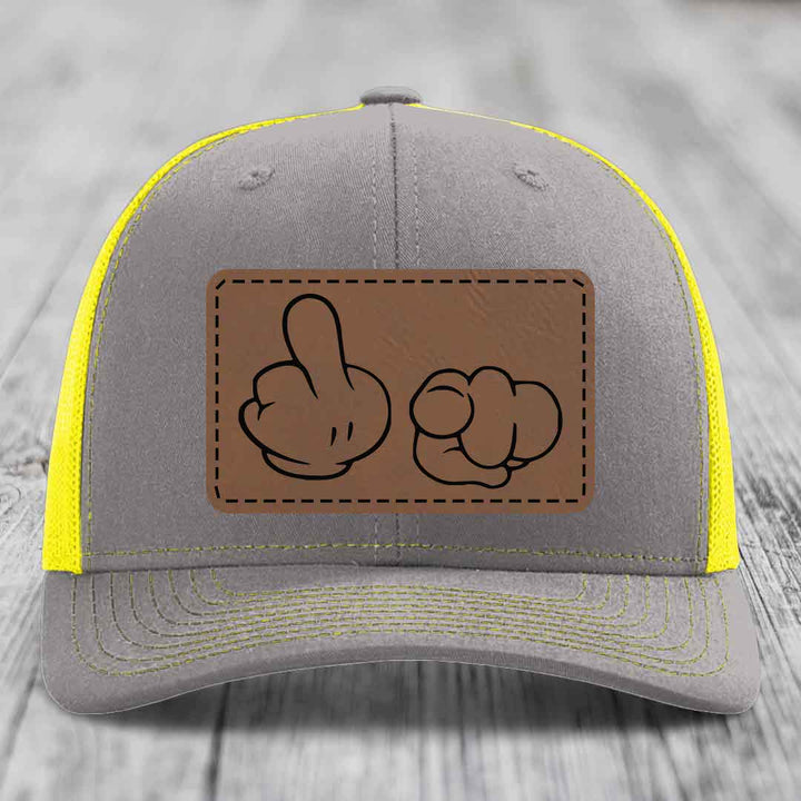 Cartoon Hands F*ck You - Leather Patch Hat - Dark Brown to Black Patch - Richardson 112 Snapback Trucker Hat