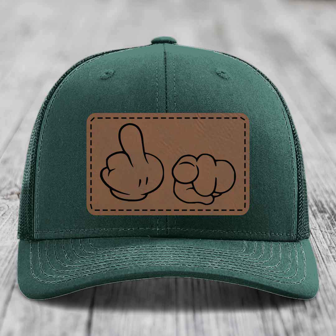 Cartoon Hands F*ck You - Leather Patch Hat - Dark Brown to Black Patch - Richardson 112 Snapback Trucker Hat