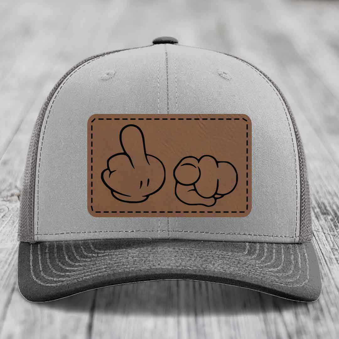 Cartoon Hands F*ck You - Leather Patch Hat - Dark Brown to Black Patch - Richardson 112 Snapback Trucker Hat