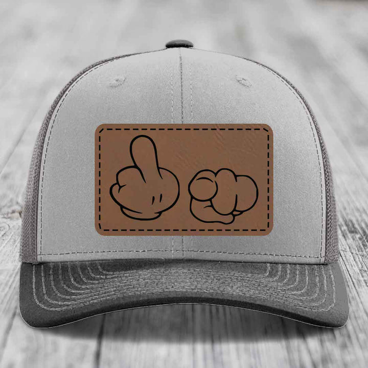 Cartoon Hands F*ck You - Leather Patch Hat - Dark Brown to Black Patch - Richardson 112 Snapback Trucker Hat