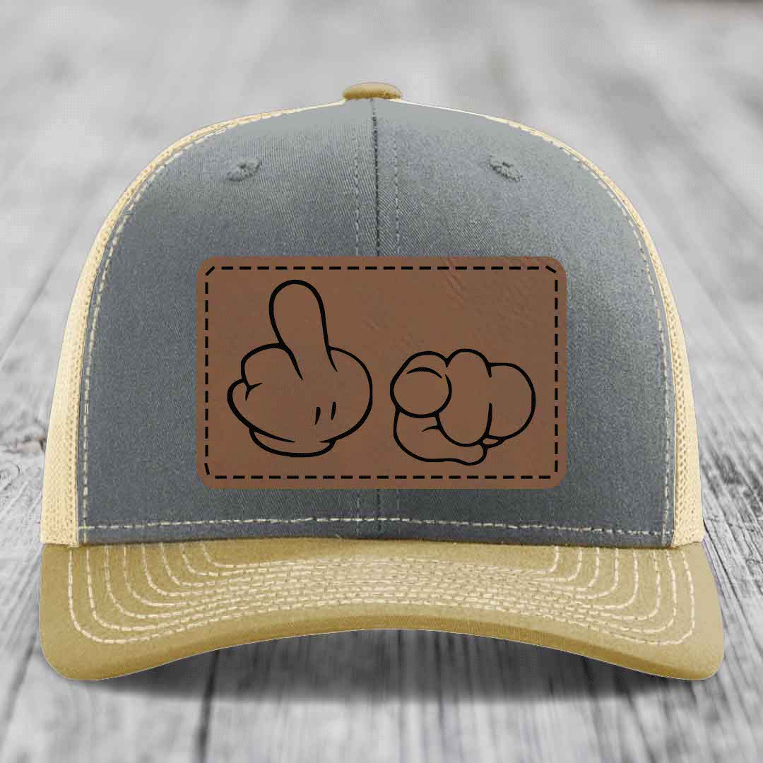 Cartoon Hands F*ck You - Leather Patch Hat - Dark Brown to Black Patch - Richardson 112 Snapback Trucker Hat