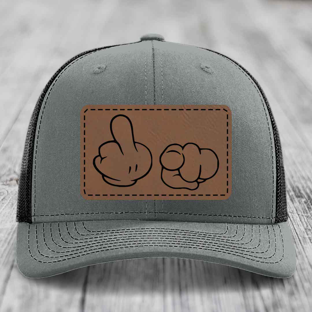 Cartoon Hands F*ck You - Leather Patch Hat - Dark Brown to Black Patch - Richardson 112 Snapback Trucker Hat