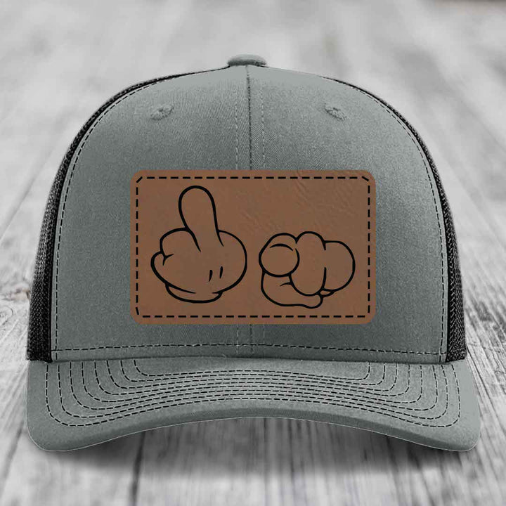 Cartoon Hands F*ck You - Leather Patch Hat - Dark Brown to Black Patch - Richardson 112 Snapback Trucker Hat