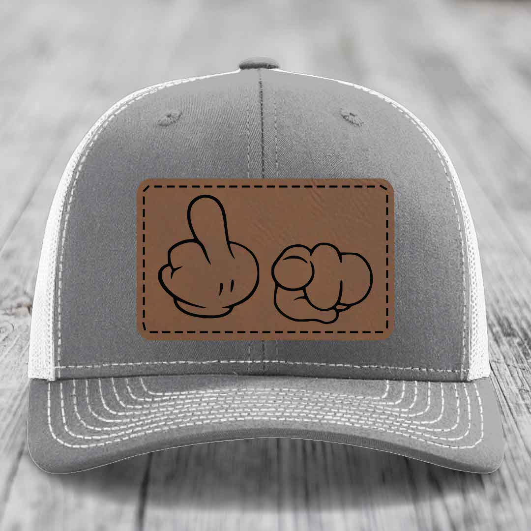 Cartoon Hands F*ck You - Leather Patch Hat - Dark Brown to Black Patch - Richardson 112 Snapback Trucker Hat