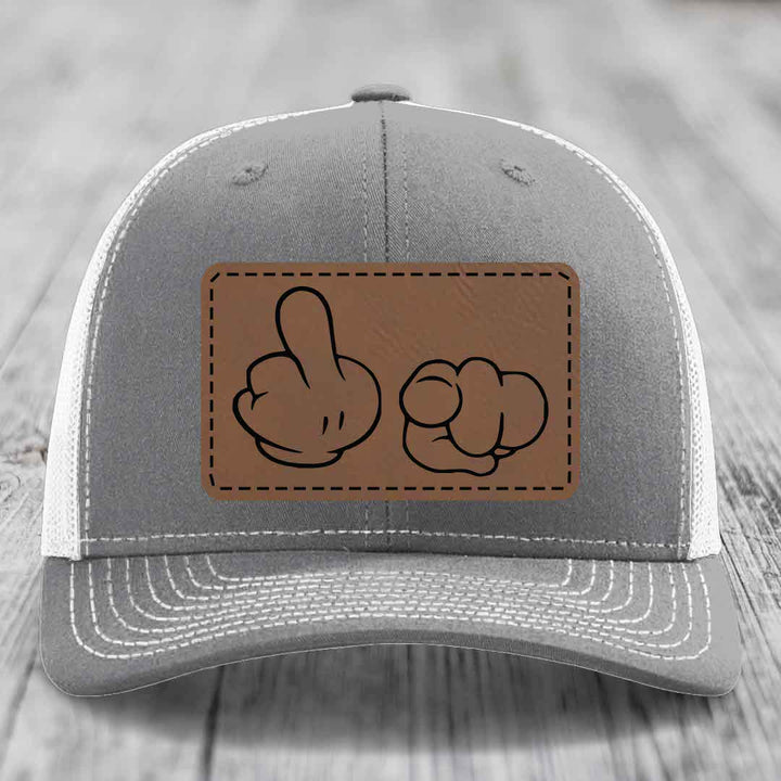 Cartoon Hands F*ck You - Leather Patch Hat - Dark Brown to Black Patch - Richardson 112 Snapback Trucker Hat