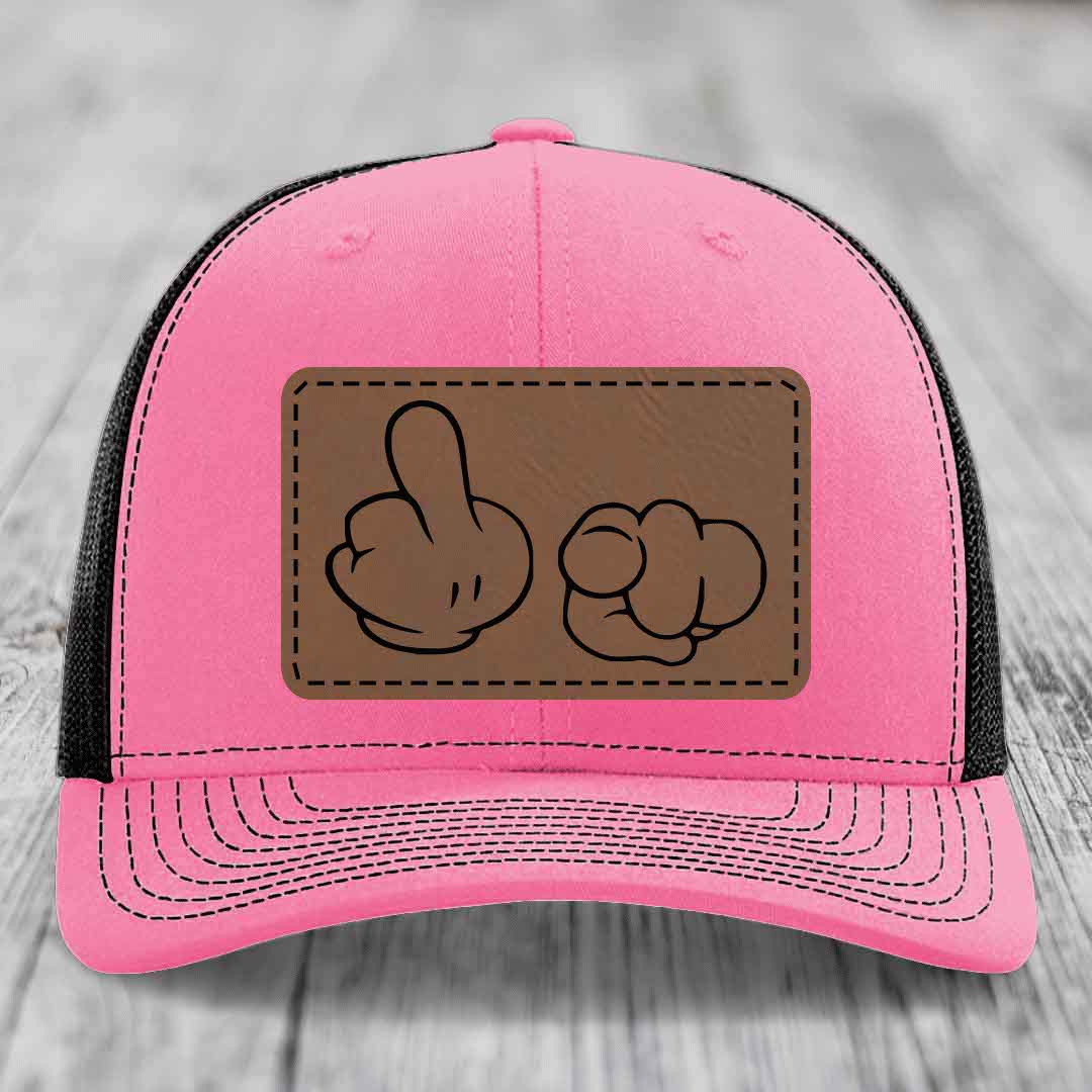 Cartoon Hands F*ck You - Leather Patch Hat - Dark Brown to Black Patch - Richardson 112 Snapback Trucker Hat