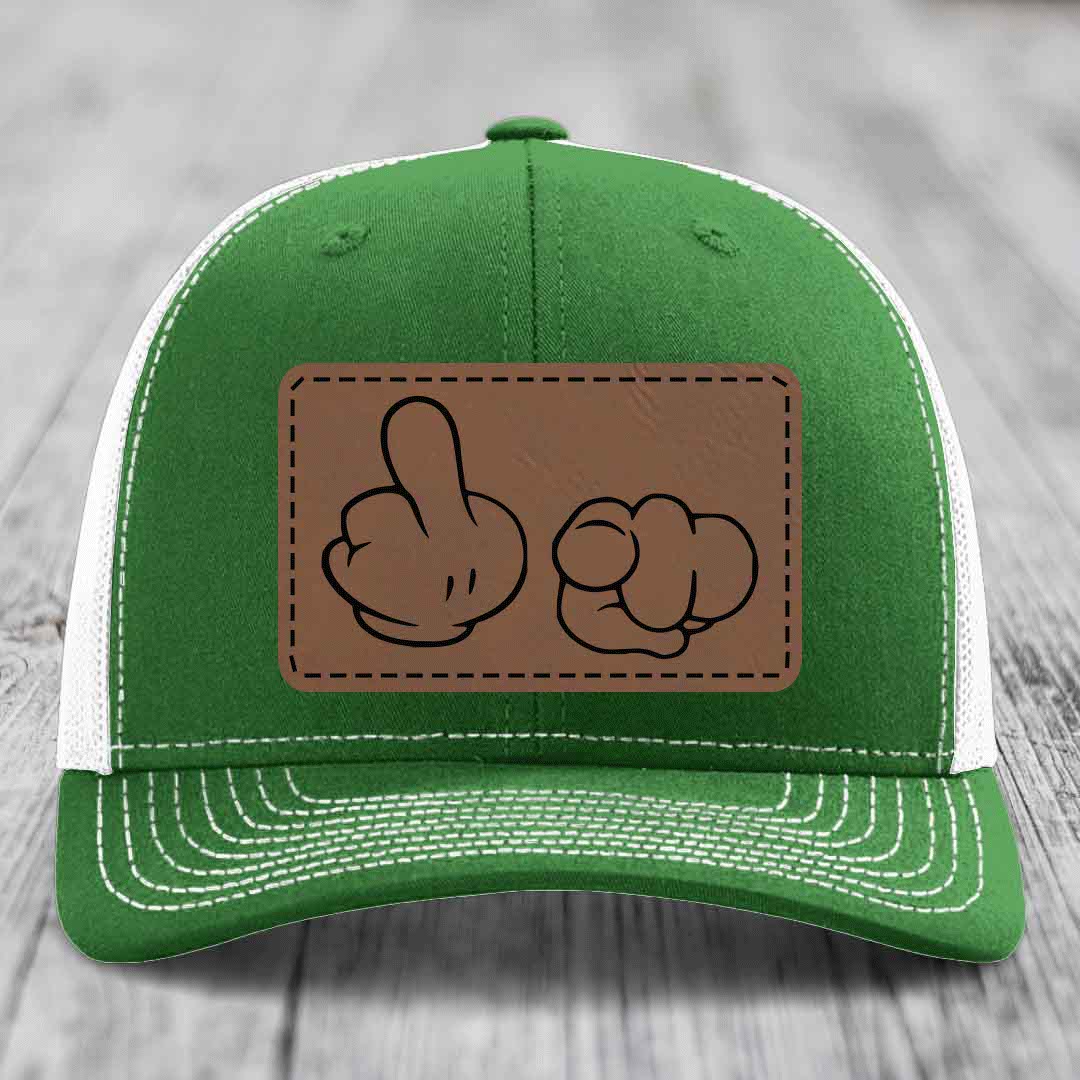 Cartoon Hands F*ck You - Leather Patch Hat - Dark Brown to Black Patch - Richardson 112 Snapback Trucker Hat