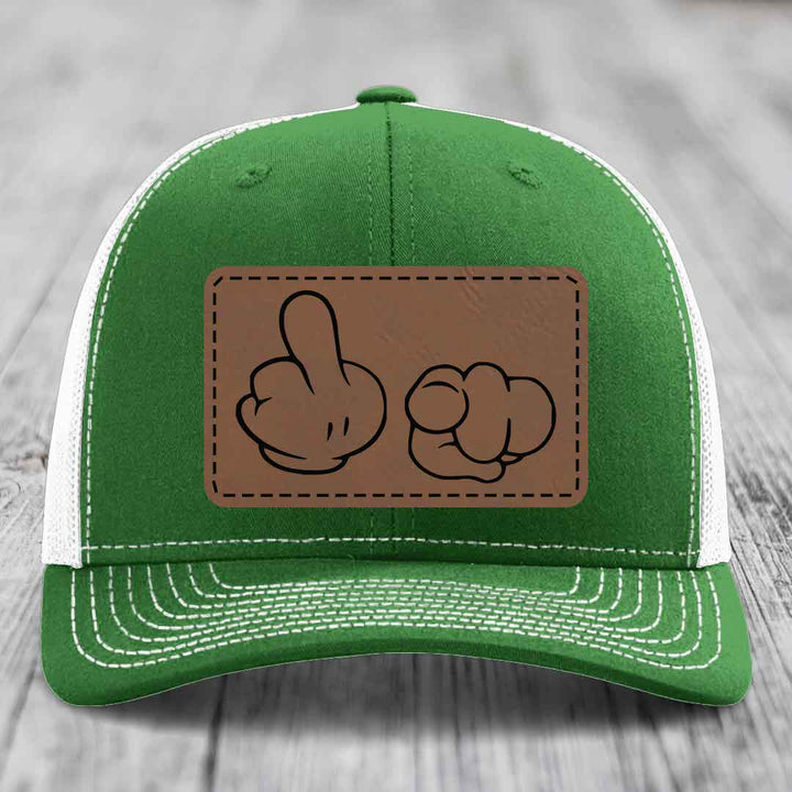 Cartoon Hands F*ck You - Leather Patch Hat - Dark Brown to Black Patch - Richardson 112 Snapback Trucker Hat