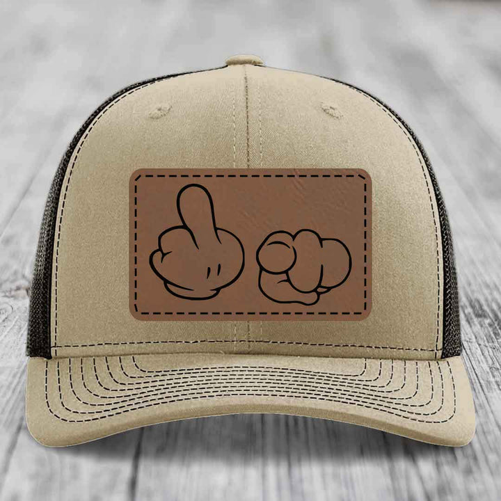 Cartoon Hands F*ck You - Leather Patch Hat - Dark Brown to Black Patch - Richardson 112 Snapback Trucker Hat