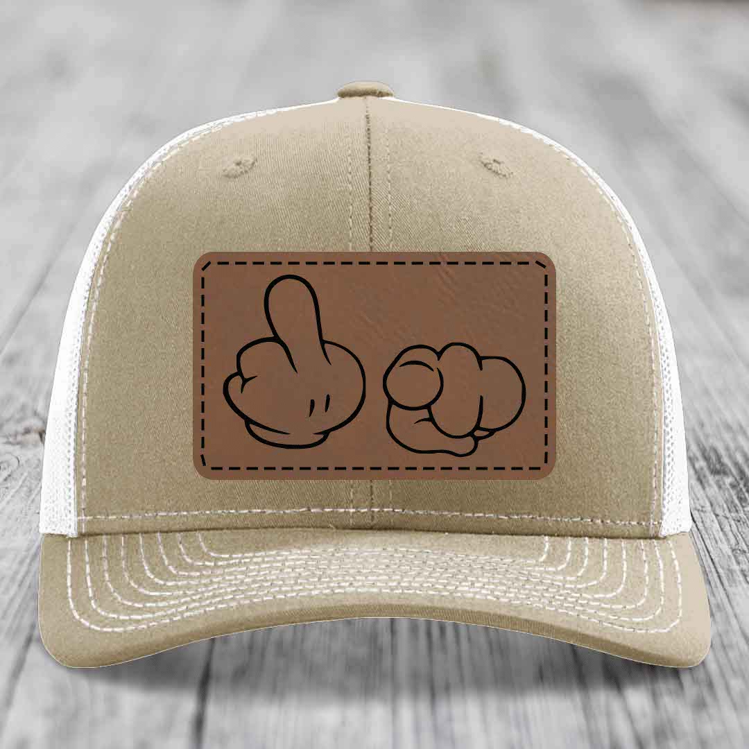 Cartoon Hands F*ck You - Leather Patch Hat - Dark Brown to Black Patch - Richardson 112 Snapback Trucker Hat