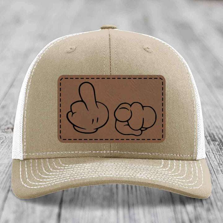 Cartoon Hands F*ck You - Leather Patch Hat - Dark Brown to Black Patch - Richardson 112 Snapback Trucker Hat