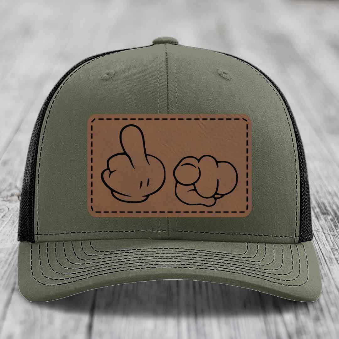 Cartoon Hands F*ck You - Leather Patch Hat - Dark Brown to Black Patch - Richardson 112 Snapback Trucker Hat