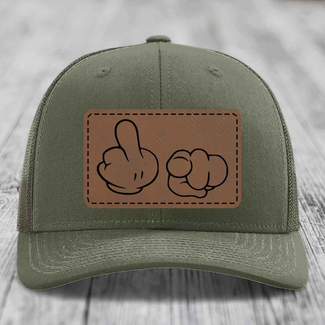 Cartoon Hands F*ck You - Leather Patch Hat - Dark Brown to Black Patch - Richardson 112 Snapback Trucker Hat