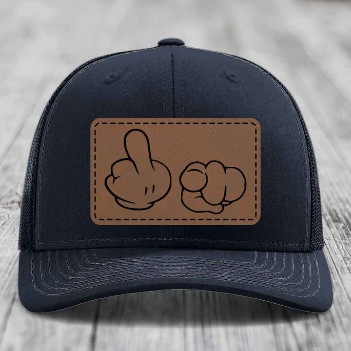Cartoon Hands F*ck You - Leather Patch Hat - Dark Brown to Black Patch - Richardson 112 Snapback Trucker Hat
