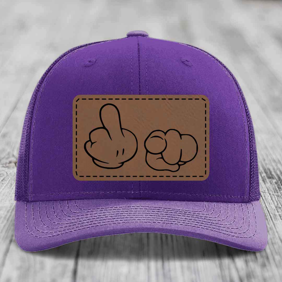 Cartoon Hands F*ck You - Leather Patch Hat - Dark Brown to Black Patch - Richardson 112 Snapback Trucker Hat