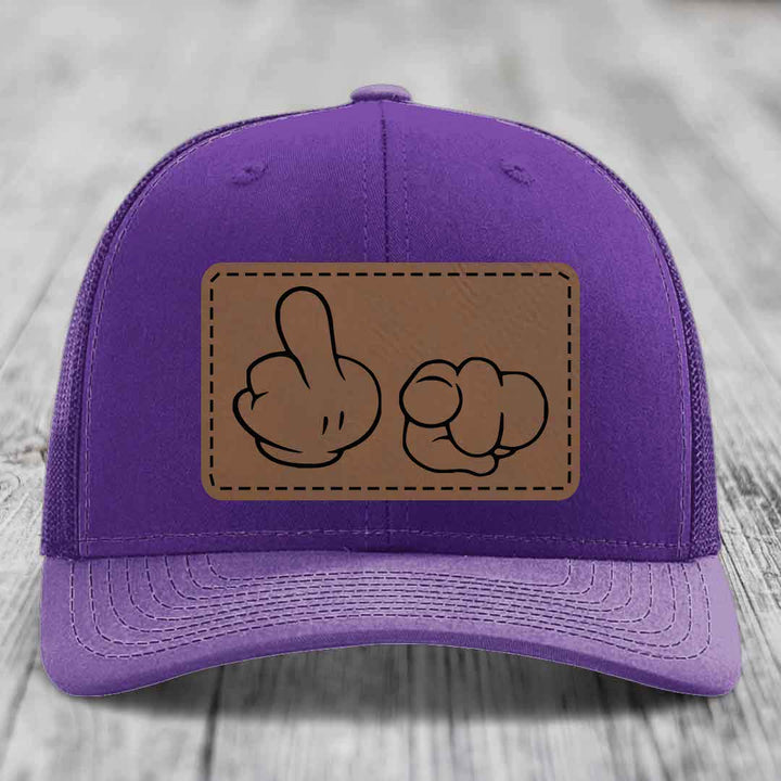 Cartoon Hands F*ck You - Leather Patch Hat - Dark Brown to Black Patch - Richardson 112 Snapback Trucker Hat