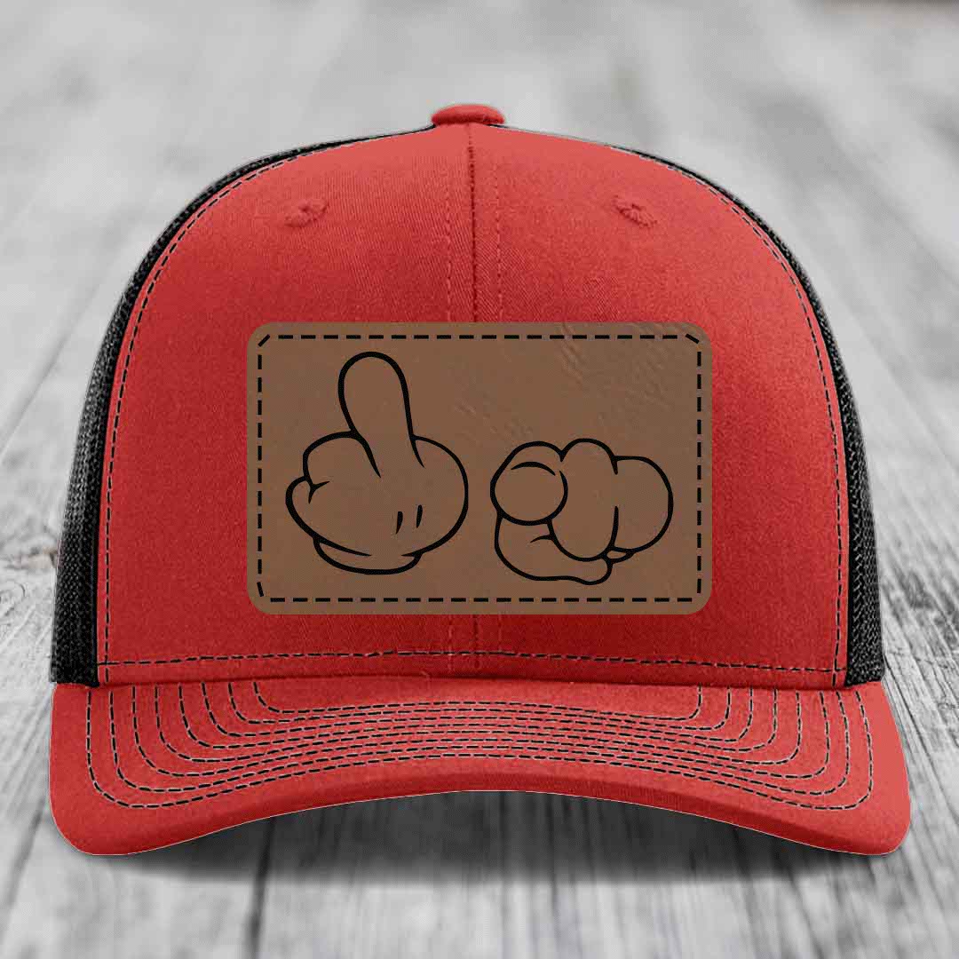 Cartoon Hands F*ck You - Leather Patch Hat - Dark Brown to Black Patch - Richardson 112 Snapback Trucker Hat