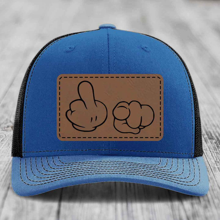 Cartoon Hands F*ck You - Leather Patch Hat - Dark Brown to Black Patch - Richardson 112 Snapback Trucker Hat