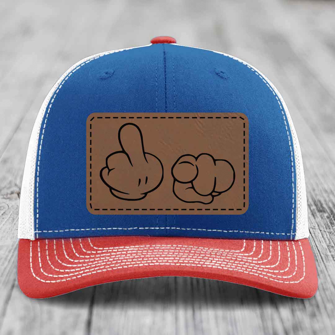 Blue and red trucker hat with cartoon hands patch, one middle finger up, one fist.